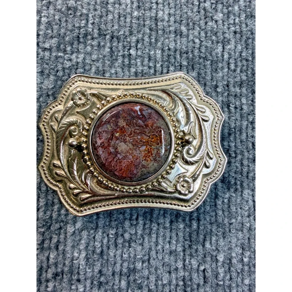 Vintage Western Belt Buckle Silver Tone Agate Stone Floral Engraved Cowboy Boho